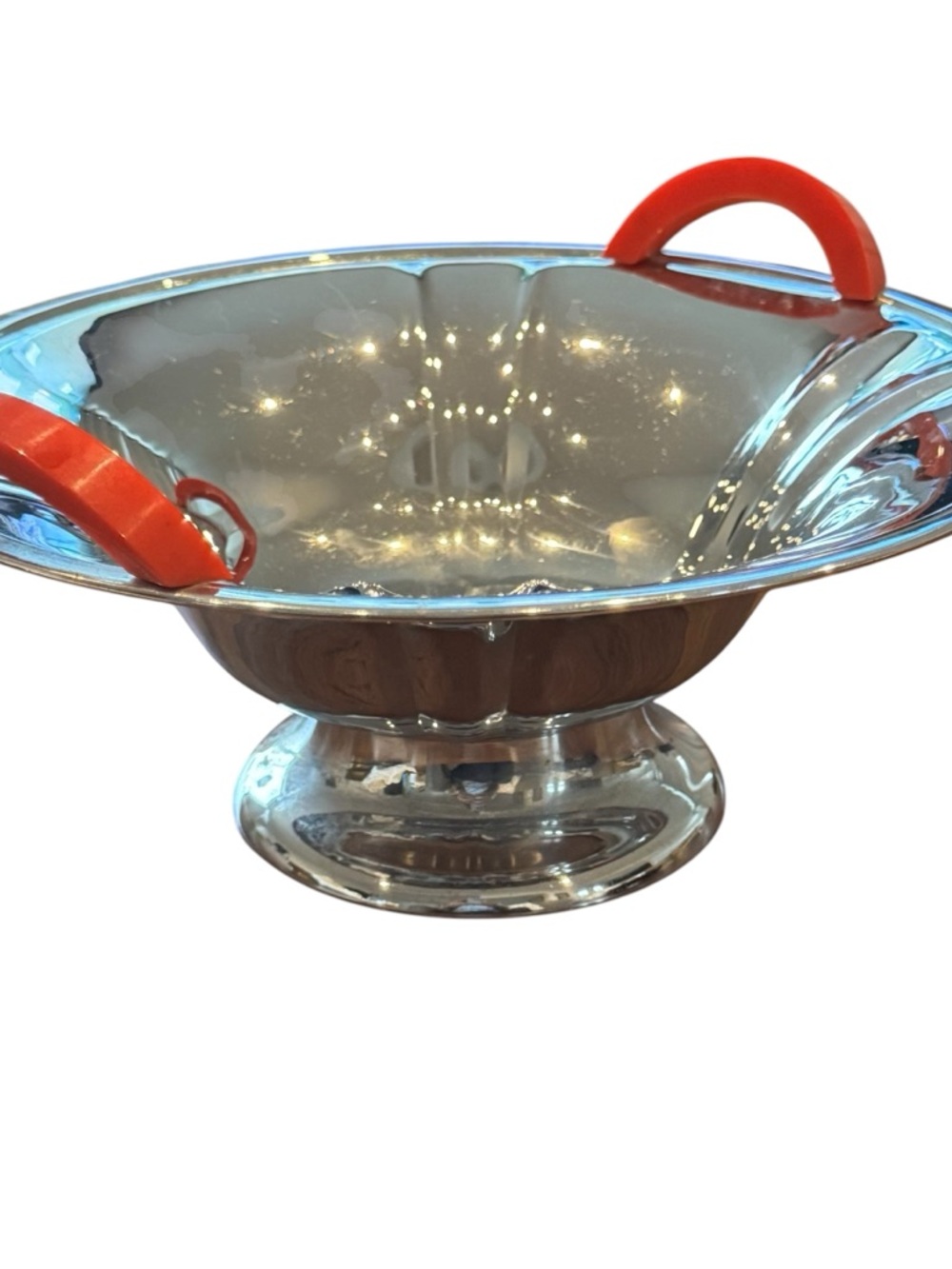 Vintage Continental Chrome Pedestal Bowl Dish Red bakelite Handle MCM Modernist